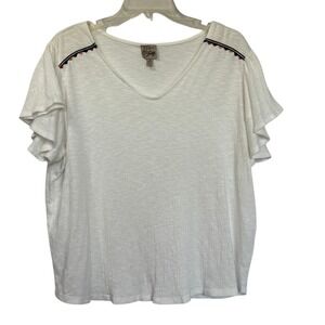 Como Vintage White Embroidered Ruffle Sleeve V-Neck Top Bohemian Womens Medium